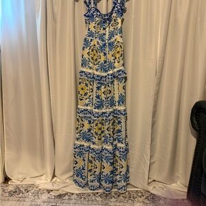 Flying Tomato Blue & Yellow Floral Tiered Maxi Dress